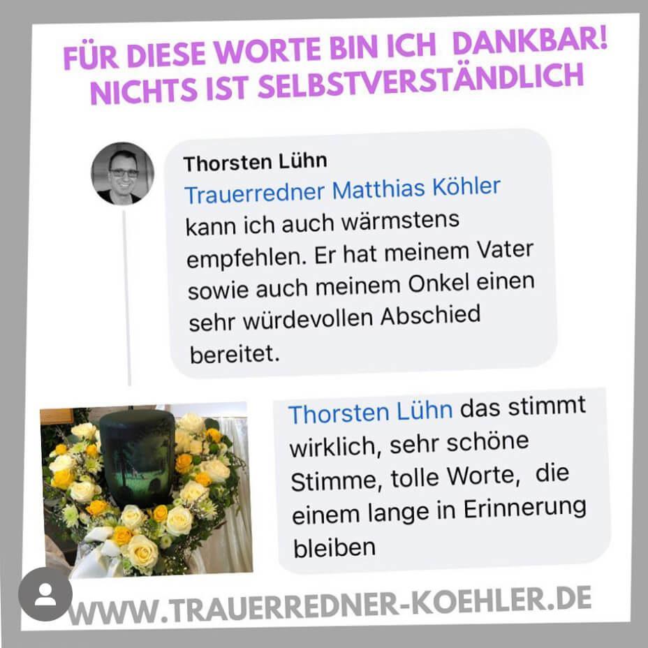 Als Trauerredner eine Bewertung und Rezension für Trauerredner Matthias Köhler aus Hilders bei Fulda erhalten