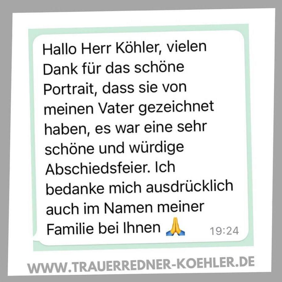 Als Trauerredner eine Bewertung und Rezension für Trauerredner Matthias Köhler aus Hilders bei Fulda erhalten. Die Beerdigung war auf dem Friedhof Künzell bei Fuda