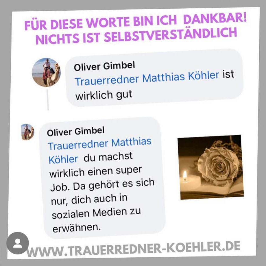 Als Trauerredner eine Bewertung und Rezension für Trauerredner Matthias Köhler aus Hilders bei Fulda erhalten. Die Beerdigung war auf dem Friedhof in Petersberg bei Fulda